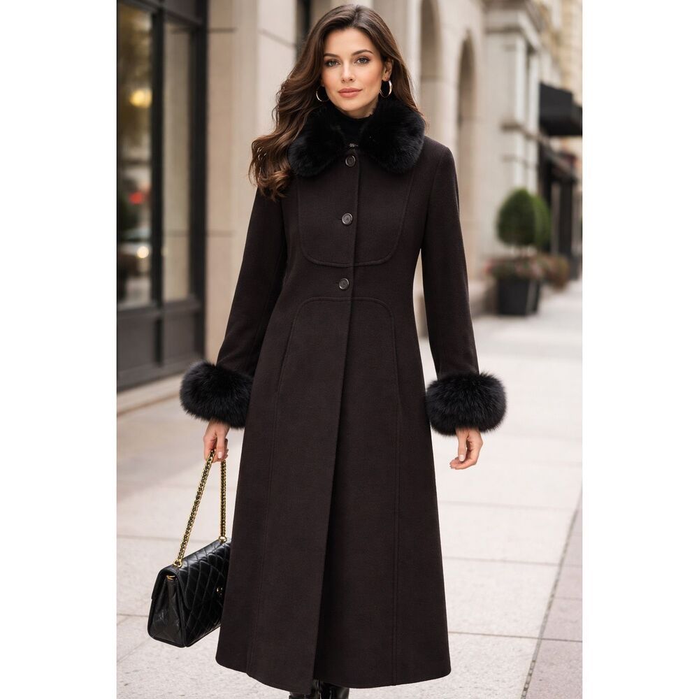 Donatella Brown Long Wool Coat With Removable Dyed Fox Fur Collar & Cuffs